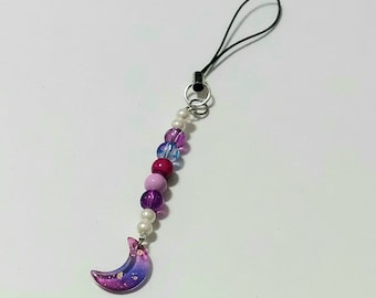 purple celestial pearl beaded moon phone charm | keychain | phone accessory | purse charm | tote charm
