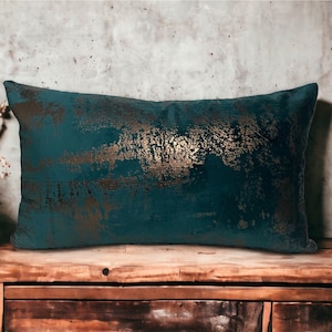 Teal Copper Velvet Pillow Cover, Foil Printed Throw Pillows, Turquoise Bronze Patterned Cushion Case, Decorative Pillows for Couch and Sofa
