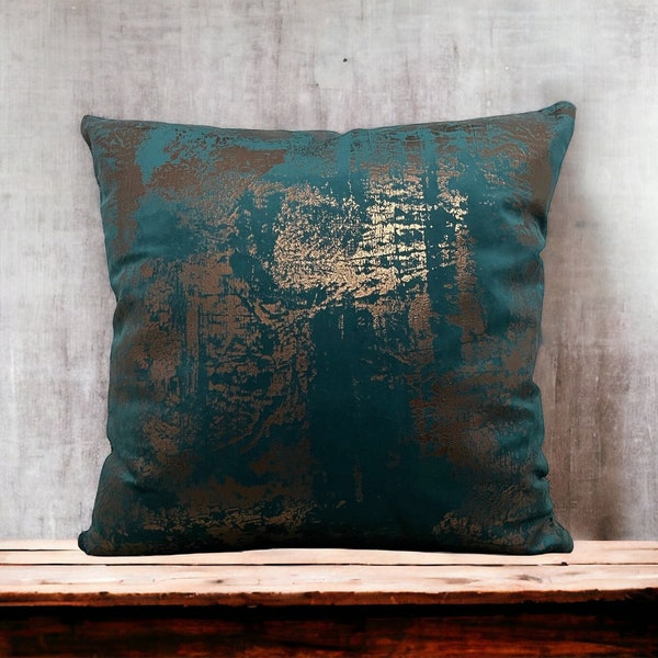 Turquoise Copper Printed Velvet Throw Pillow Cover, Decorative Pillows for Couch and Sofa, Bronze Gold Lumbar Pillow, 18x18 20x20 22x22