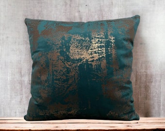 Turquoise Copper Printed Velvet Throw Pillow Cover, Decorative Pillows for Couch and Sofa, Bronze Gold Lumbar Pillow, 18x18 20x20 22x22