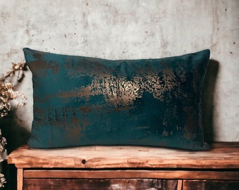 Teal Copper Velvet Pillow Cover, Foil Printed Throw Pillows, Turquoise Bronze Patterned Cushion Case, Decorative Pillows for Couch and Sofa