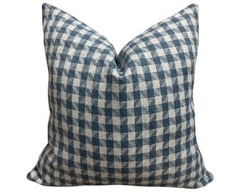 Blue Plaid Linen Pillow Case, Blue Farmhouse Throw Pillow Cover, Blue Plaid Cushion for Couch and Patio, Thick Durable Lumbar Pillow Covers