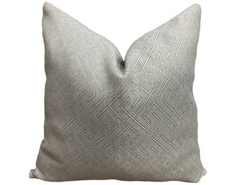 Beige Greek Key Print Pillow Case, Thick Decorative Linen Pillows for Livingroom Couch, Beige Linen Throw Pillow Cover, Textured Lumbar