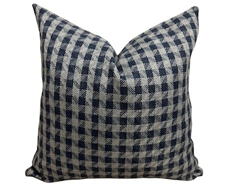 Navy Blue Plaid Pillow Cover, Linen Farmhouse Throw Pillow Cover, Navy Blue Printed Euro Sham Cover, Bedroom and Sofa Decor Cushion Case