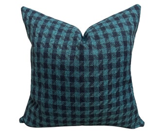 Turquoise Plaid Throw Pillow Cover, Teal Plaid Linen Pillows for Farmhouse, Plaid Lumbar Pillow Euro Sham Covers, Country Pillow for Sofa