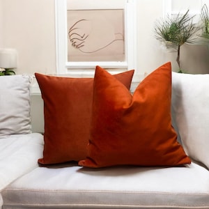 May include: Two burnt orange velvet cushion covers on a white sofa. The cushions are square and have a soft, plush texture.