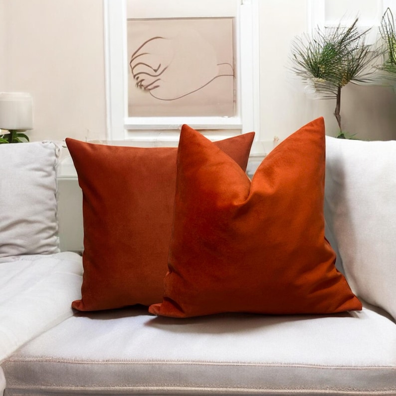 May include: Two burnt orange velvet cushion covers on a white sofa. The cushions are square and have a soft, plush texture.