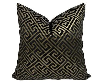 Black Gold Velvet Pillow Cover, Greek Key Printed Throw Pillow Cover, Greek Decor Pillows for Livingroom Couches, Luxury Pillows for Sofa
