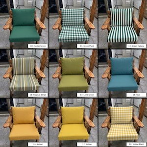 May include: A collection of nine wooden chairs featuring various outdoor cushion sets. Patterns include solid hunter green, green plaid, green cabana stripes, tropical stripes, lime green, solid teal, solid amber, solid yellow, and yellow plaid.