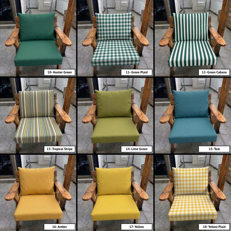 May include: A collection of nine wooden chairs featuring various outdoor cushion sets. Patterns include solid hunter green, green plaid, green cabana stripes, tropical stripes, lime green, solid teal, solid amber, solid yellow, and yellow plaid.