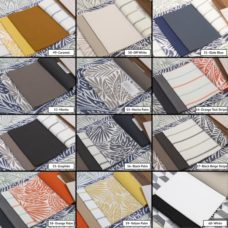 May include: A fabric swatch sample book featuring twelve distinct color and pattern options labeled 49 through 60, including solid colors like caramel, off-white, slate blue, mocha, graphite, and white, alongside palm leaf prints and striped patterns.