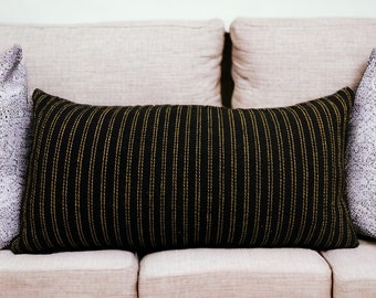 100% Wool Lumbar Pillow Cover, Vintage Wool Cushion Cover, Black and Gold Hand Woven Cushion Case, Natural Wool Lumbar Pillow for Sofa Patio