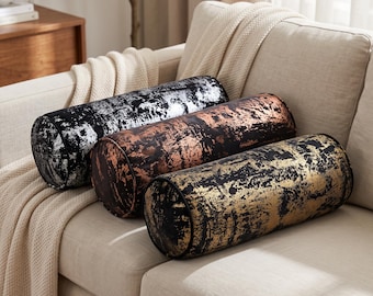 Black Velvet Bolster Pillow Cover, Metallic Foil Print Cushion Case, Custom Size Neck Roll