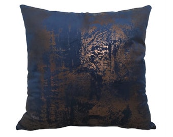 Luxury Navy Blue Gold Print Velvet Throw Pillow Cover, Copper Pattern Cushion Case, Sofa Bronze Lumbar, 18x18 20x20 22x22 Velvet Pillow Case