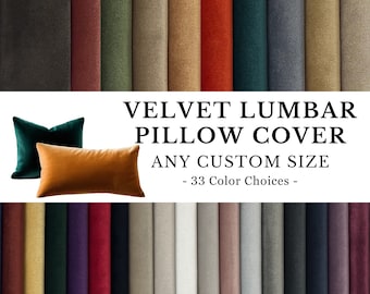 May include: A collection of 33 velvet fabric swatches in various colors. The swatches are arranged in rows and columns. The text "VELVET LUMBAR PILLOW COVER ANY CUSTOM SIZE - 33 Color Choices -" is displayed above the swatches.