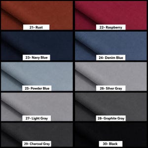 K&ouml;nnte beinhalten: Ein Raster aus zehn Stoffmustern in verschiedenen Farben, beschriftet mit 21- Rust, 22- Raspberry, 23- Navy Blue, 24- Denim Blue, 25- Powder Blue, 26- Silver Gray, 27- Light Gray, 28- Graphite Gray, 29- Charcoal Gray und 30- Black.