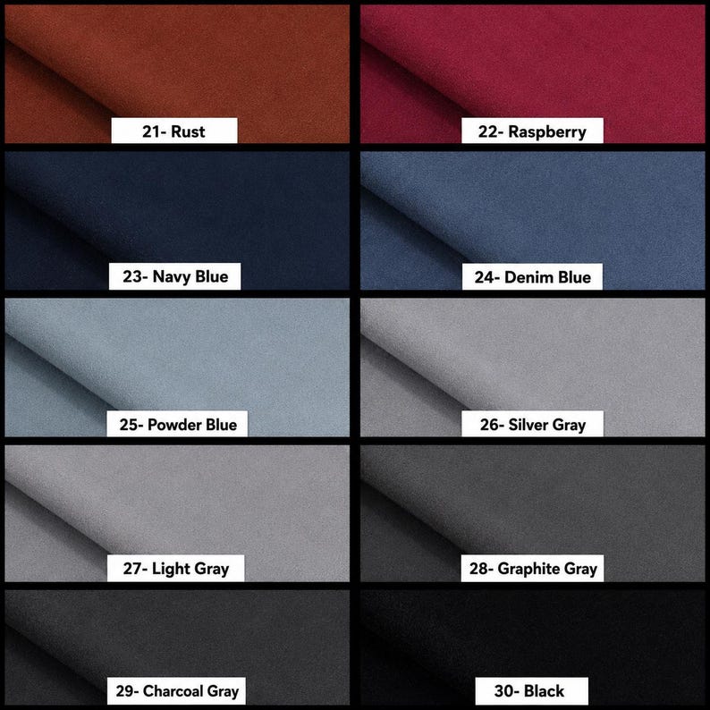 K&ouml;nnte beinhalten: Ein Raster aus zehn Stoffmustern in verschiedenen Farben, beschriftet mit 21- Rust, 22- Raspberry, 23- Navy Blue, 24- Denim Blue, 25- Powder Blue, 26- Silver Gray, 27- Light Gray, 28- Graphite Gray, 29- Charcoal Gray und 30- Black.