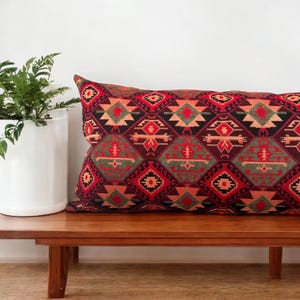 Wine Red Kilim Throw Pillow Cover, Kilim Oversized Pillows, Designer Pillow Cover, Headboard Ottoman Pillows, Boho Style Kilim Cushion Cover image 6