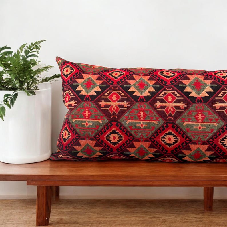 Wine Red Kilim Throw Pillow Cover, Kilim Oversized Pillows, Designer Pillow Cover, Headboard Ottoman Pillows, Boho Style Kilim Cushion Cover image 6