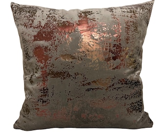 Funda de almohada con estampado gris claro y cobre, funda de almohada de tiro de terciopelo bronce, funda de almohada de sofá de diseño, funda de cojín con estampado decorativo