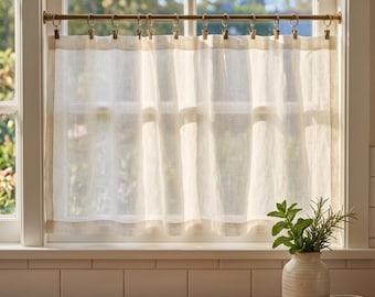 White Linen Tulle Short Cafe Curtain, Sheer Kitchen Bathroom Panel