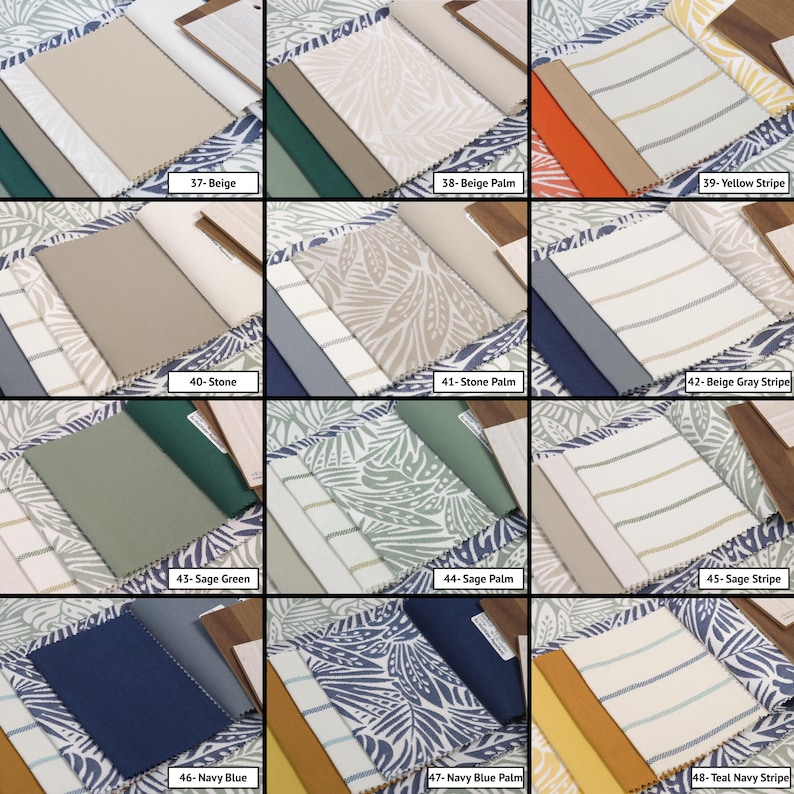 May include: A grid of twelve fabric swatches labelled 37 through 48, displaying various solid colours, palm leaf patterns, and striped designs in shades of beige, stone, sage green, navy blue, yellow, and teal, each with pinked edges.