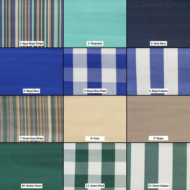 May include: A grid of twelve fabric swatches featuring various patterns and colours: 1-Aqua Royal Stripe, 2-Turquoise, 3-Dark Navy, 4-Royal Blue, 5-Royal Blue Plaid, 6-Royal Cabana, 7-Green Gray Stripe, 8-Ivory, 9-Taupe, 10-Hunter Green, 11-Green Plaid, 12-Green Cabana.