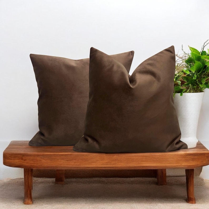 May include: Two brown velvet cushion covers on a wooden bench. The cushions are square and have a soft, plush texture.