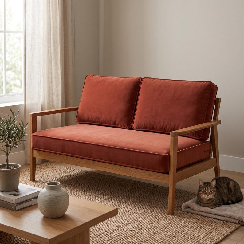 K&ouml;nnte beinhalten: Ein Zweisitzer-Sofa mit einem Bezug aus rostorangem Samt und einem hellen Holzrahmen. Das M&ouml;belst&uuml;ck verf&uuml;gt &uuml;ber zwei rechteckige R&uuml;ckenkissen und ein langes Sitzkissen, jeweils mit Paspelierung, die auf einem stabilen Holzgestell ruhen.
