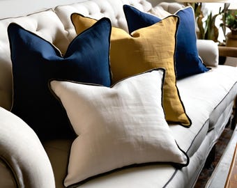 Linen Piping Throw Pillow Cover, Decorative Linen Throw Pillows for Couch and Bed, Corded Pillow Euro Sham Covers, Linen Lumbar Pillow Cases