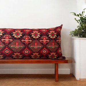 Wine Red Kilim Throw Pillow Cover, Kilim Oversized Pillows, Designer Pillow Cover, Headboard Ottoman Pillows, Boho Style Kilim Cushion Cover image 7