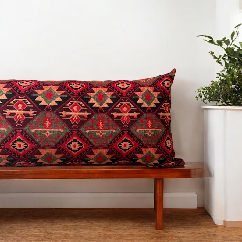 Wine Red Kilim Throw Pillow Cover, Kilim Oversized Pillows, Designer Pillow Cover, Headboard Ottoman Pillows, Boho Style Kilim Cushion Cover image 7