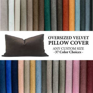 May include: Oversized velvet pillow cover in a variety of colors.  The pillow cover is shown in dark brown.  The text on the image reads "Oversized Velvet Pillow Cover, Any Custom Size, -37 Color Choices - "