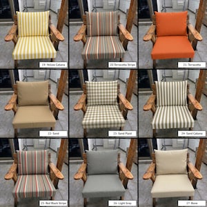 May include: A grid of nine wooden chairs featuring various outdoor cushion sets in patterns including yellow cabana stripes, terracotta stripes, solid orange, solid sand, sand plaid, sand cabana stripes, red black stripes, light grey, and bone.