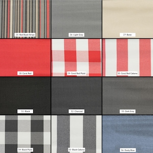 May include: A grid of twelve fabric swatches labeled 25 through 36, featuring patterns including red black stripes, light gray, bone, coral red, coral red plaid, coral red cabana, black, charcoal, dark gray, black plaid, black cabana, and dusty blue.
