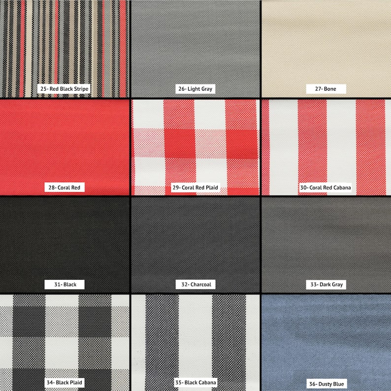May include: A grid of twelve fabric swatches labeled 25 through 36, featuring patterns including red black stripes, light gray, bone, coral red, coral red plaid, coral red cabana, black, charcoal, dark gray, black plaid, black cabana, and dusty blue.