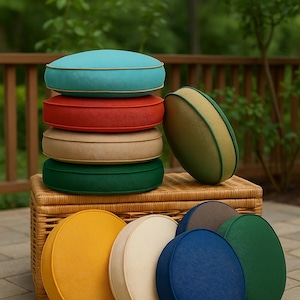 May include: A collection of round, solid-colored cushions featuring piped edges. The stack includes turquoise, red, beige, and dark green cushions, with an olive green one leaning against them. Additional yellow, cream, blue, and green cushions sit below.