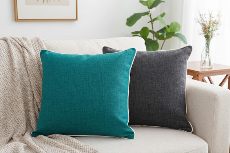 May include: Two square throw pillows on a white sofa. One pillow is teal with white piping, the other is dark gray. A beige blanket is draped over the sofa arm. Home decor.