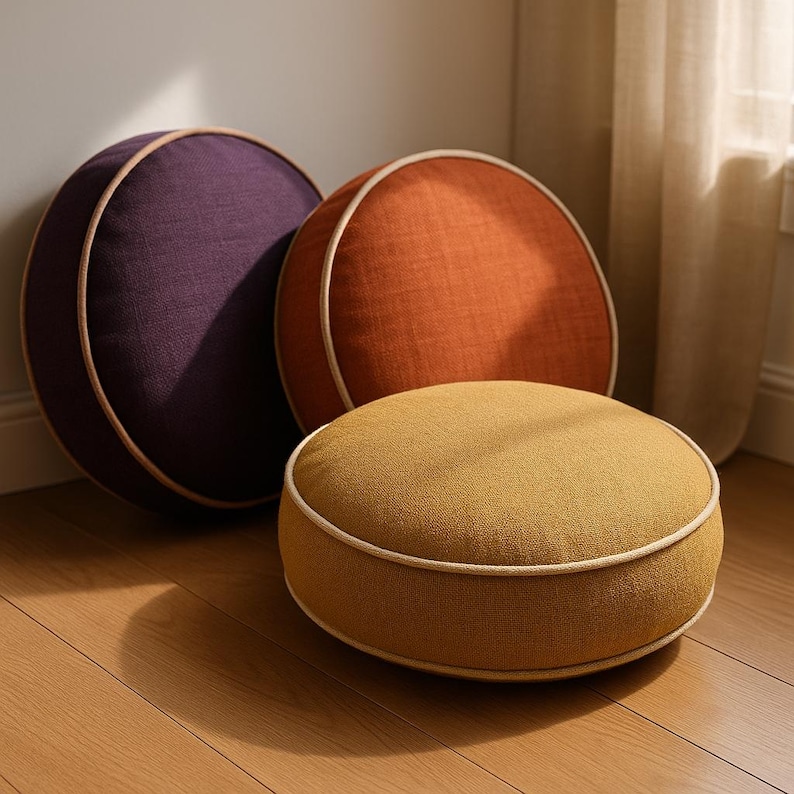 May include: Three round decorative cushions in shades of purple, orange, and yellow. Each cushion has a contrasting white trim. The cushions are made of a textured fabric and are arranged on a wooden floor.