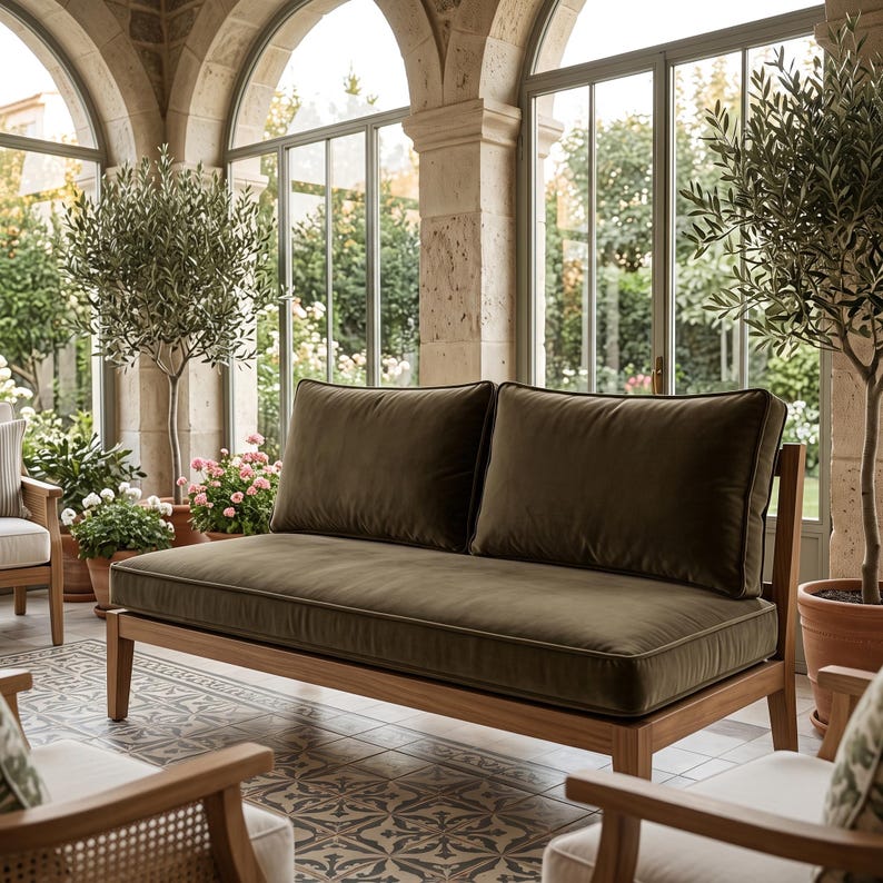 K&ouml;nnte beinhalten: Ein Zweisitzer-Sofa mit einem Rahmen aus Naturholz und weichen, olivgr&uuml;nen Samtpolstern. Das M&ouml;belst&uuml;ck besteht aus zwei rechteckigen R&uuml;ckenkissen und einem langen Sitzkissen, die alle mit Paspeln versehen sind und auf einem Holzgestell ruhen.