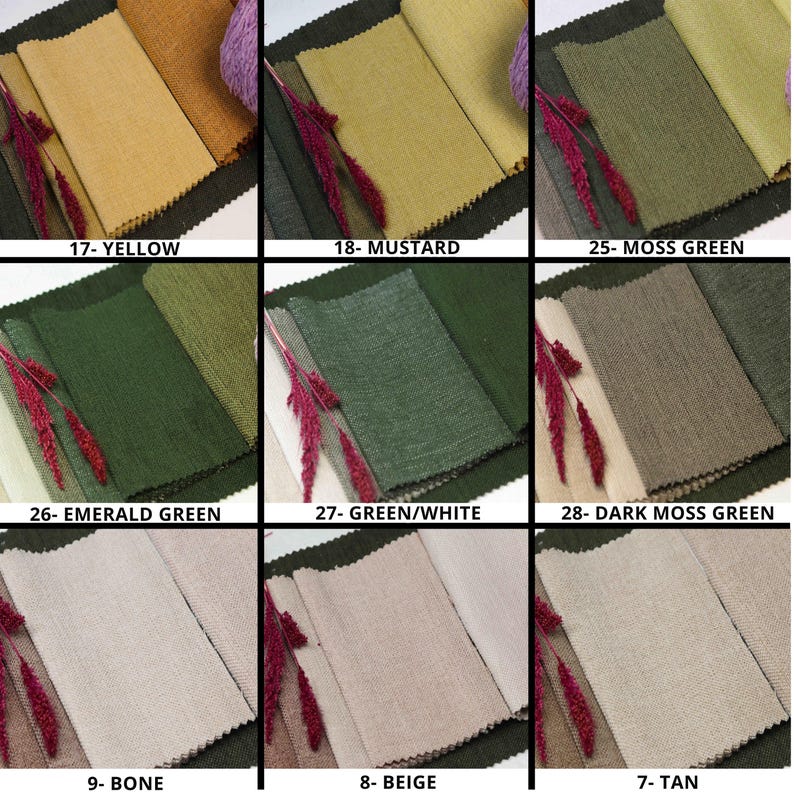 May include: Nine fabric swatches in various shades of green, yellow, brown, and beige. The swatches are labeled with numbers and color names, such as "17-Yellow", "25-Moss Green", and "9-Bone".
