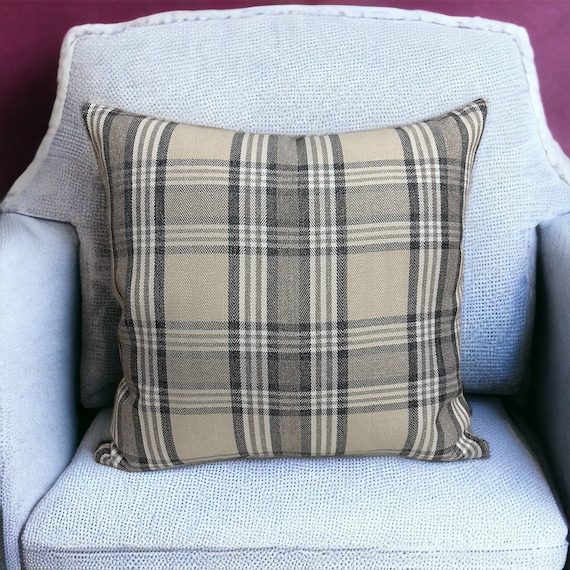 Cream and Gray Plaid Throw Pillow Cover, Multicolor Striped Linen Pillow Cover, Designer Decorative Boho Pillow for Farmhouse Couch and Sofa