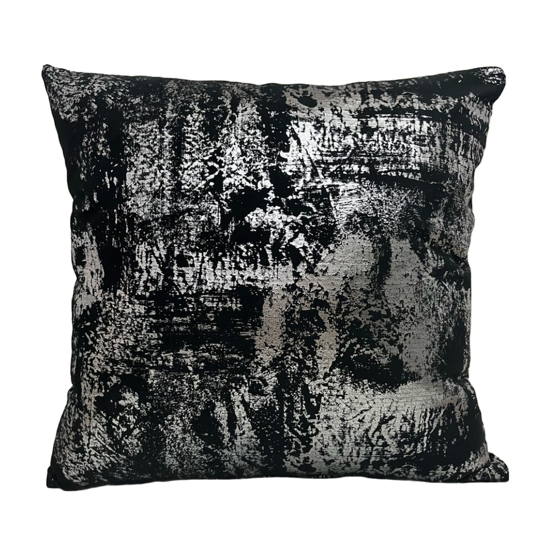 Black Silver Velvet Pillow Cover, Gray Foil Printed Pillow Cover