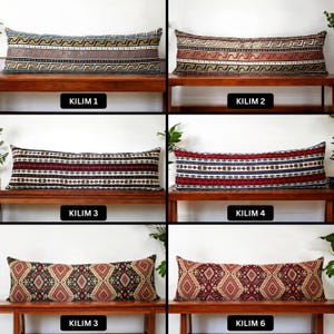 May include: Six different patterned throw pillows with the words "Kilim 1", "Kilim 2", "Kilim 3", "Kilim 4", "Kilim 3", and "Kilim 6" printed below each pillow.