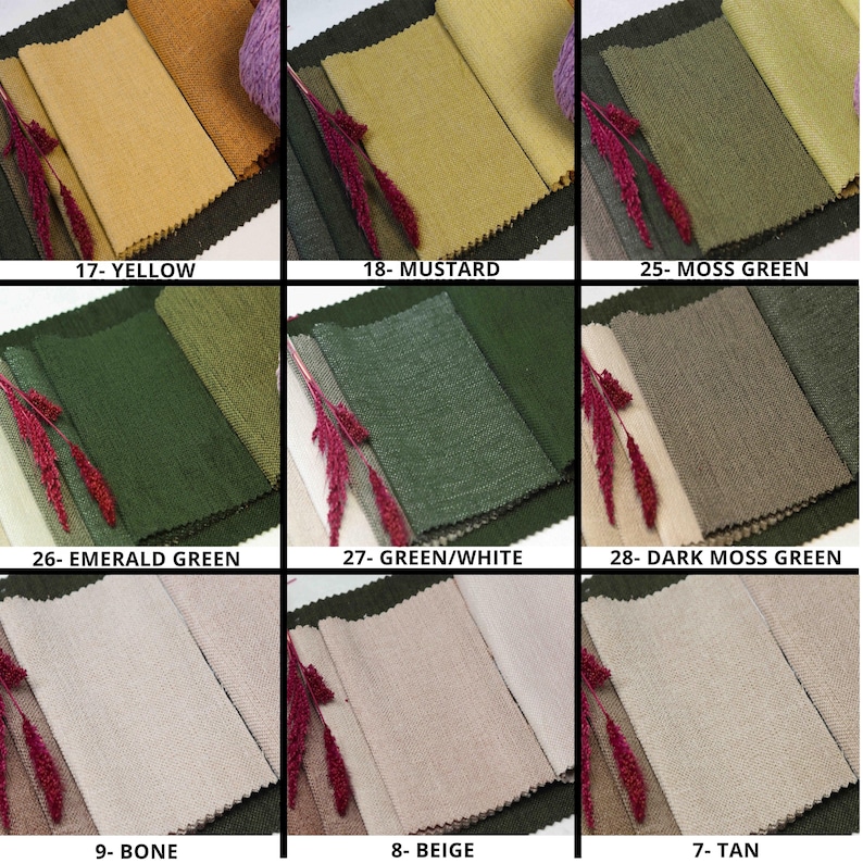 May include: Nine fabric swatches in various shades of green, yellow, brown, and beige. The swatches are labeled with numbers and color names, such as "17-Yellow", "25-Moss Green", and "9-Bone".