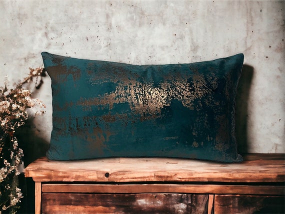 Teal Copper Velvet Pillow Cover, Foil Printed Throw Pillows, Turquoise Bronze Patterned Cushion Case, Decorative Pillows for Couch and Sofa