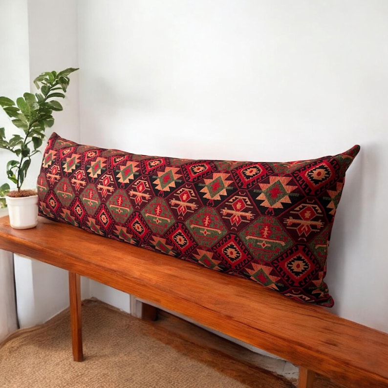 Wine Red Kilim Throw Pillow Cover, Kilim Oversized Pillows, Designer Pillow Cover, Headboard Ottoman Pillows, Boho Style Kilim Cushion Cover image 2