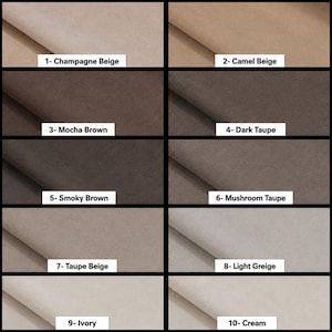 K&ouml;nnte beinhalten: Ein Raster aus zehn Stoffmustern in verschiedenen neutralen Farben, beschriftet mit 1- Champagne Beige, 2- Camel Beige, 3- Mocha Brown, 4- Dark Taupe, 5- Smoky Brown, 6- Mushroom Taupe, 7- Taupe Beige, 8- Light Greige, 9- Ivory und 10- Cream.