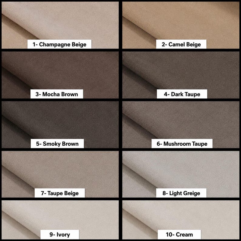 K&ouml;nnte beinhalten: Ein Raster aus zehn Stoffmustern in verschiedenen neutralen Farben, beschriftet mit 1- Champagne Beige, 2- Camel Beige, 3- Mocha Brown, 4- Dark Taupe, 5- Smoky Brown, 6- Mushroom Taupe, 7- Taupe Beige, 8- Light Greige, 9- Ivory und 10- Cream.