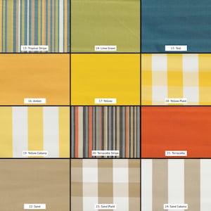 May include: A grid of twelve fabric swatches labeled 13 through 24, featuring patterns including Tropical Stripe, Lime Green, Teal, Amber, Yellow, Yellow Plaid, Yellow Cabana, Terracotta Stripe, Terracotta, Sand, Sand Plaid, and Sand Cabana.